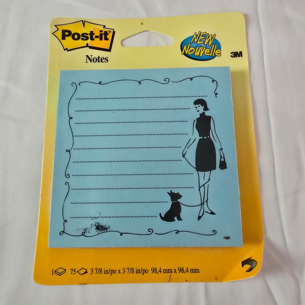 Post-it Vintage 2002 Notes Pad Stationery Blue Woman Walking Dog 3.8" 75ct Retro